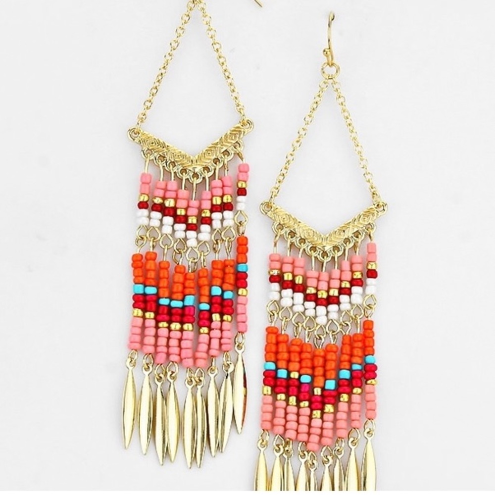 Beaded Dangle Earrings Red White & Gold Boho 3”
